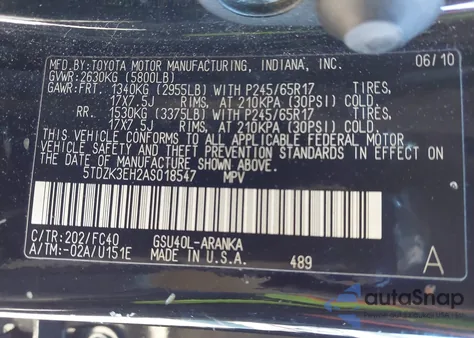 2010 Toyota Highlander Base V6 z USA, uszkodzony, nr VIN 5TDZK3EH2AS018547